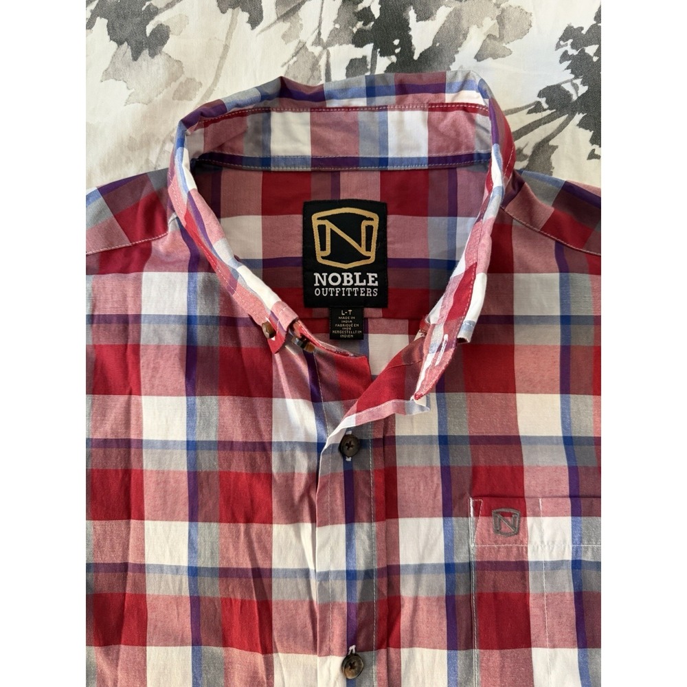 Noble Outfitters Red Blue Plaid Check Casual Button Short Sleeve Shirt LG Tall